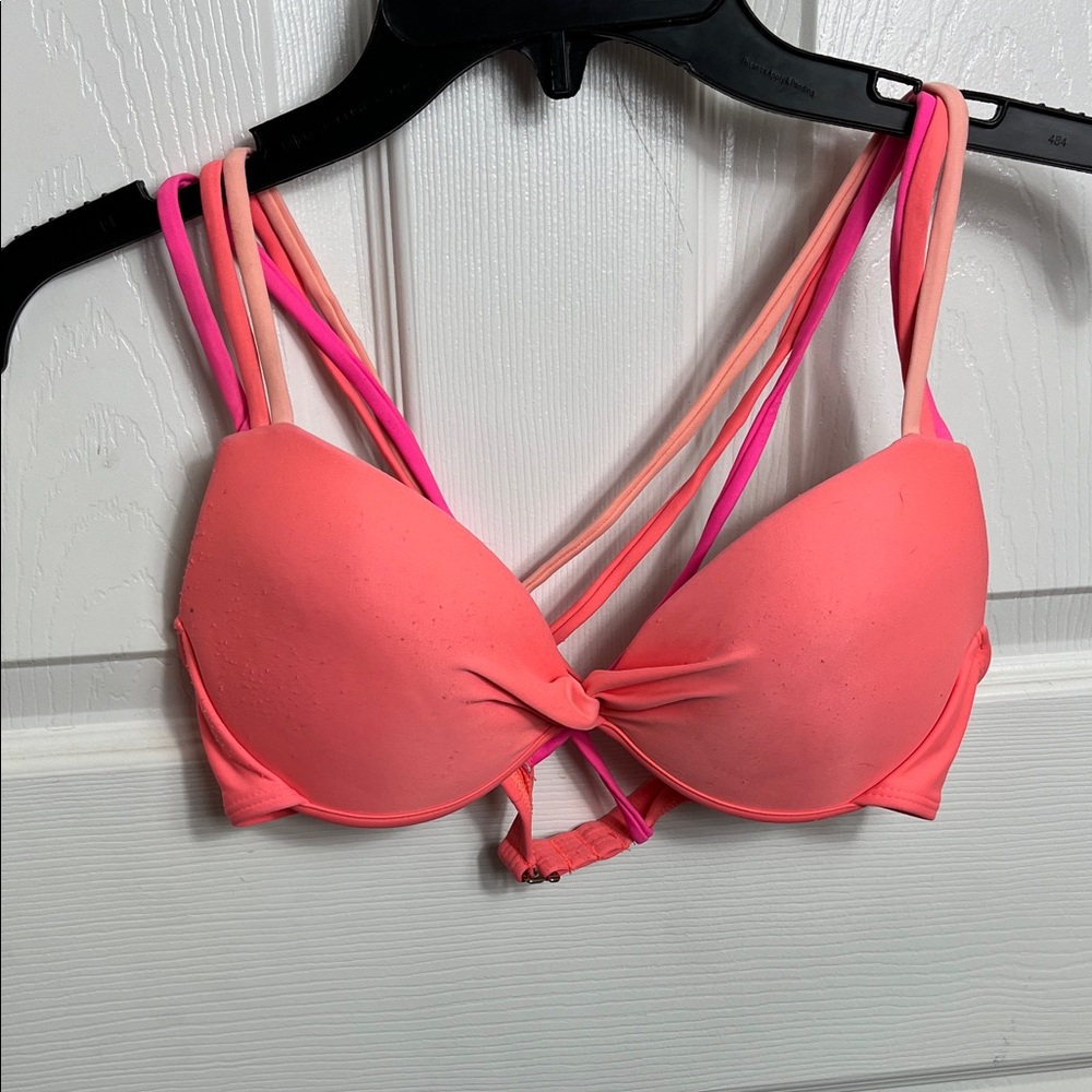 Xhilaration Neon Pink Strappy Bikini Top Medium Push-Up Multi Strap Back Swim M
